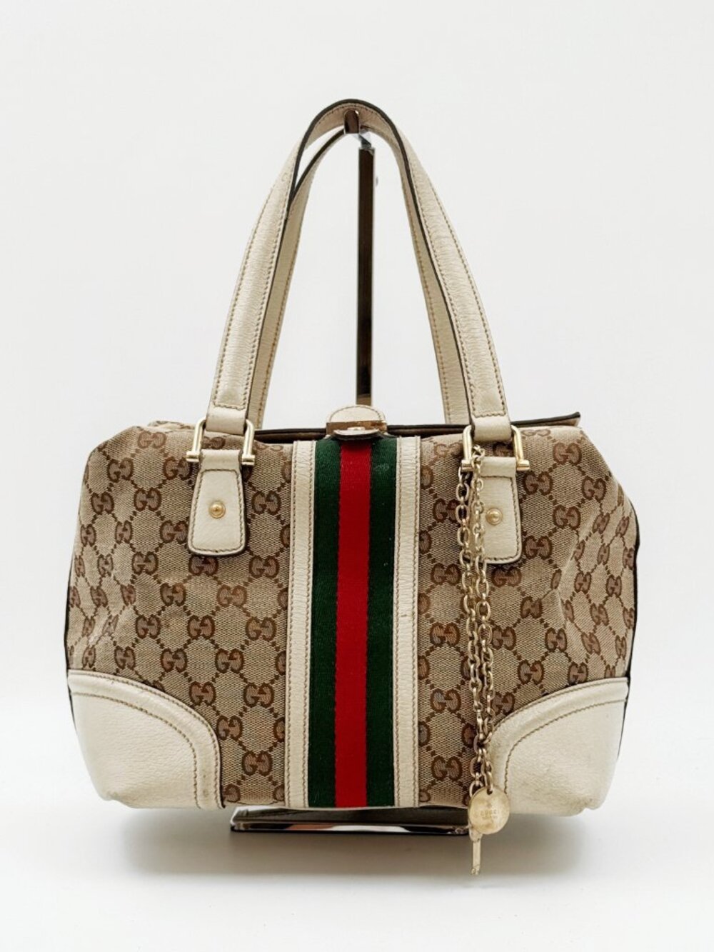 Gucci GG Canvas Boston Bag Sherry Web Stripe Cream Leather Satchel